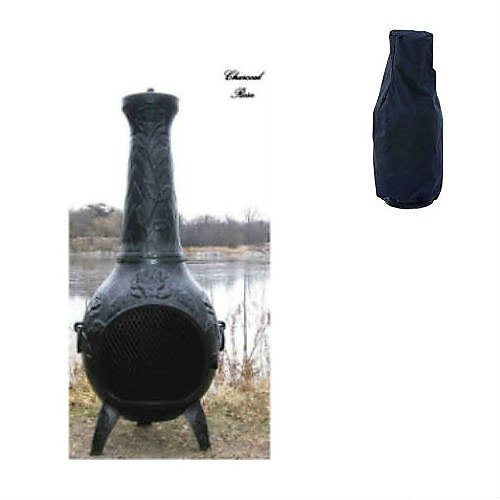 Blue Rooster Rose Style Wood Burning Outdoor Metal Chiminea Fireplace Charcoal Color With Large Black Cover