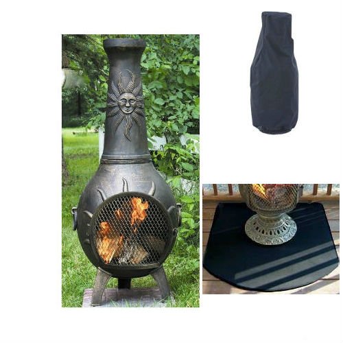 Blue Rooster Sun Stack Wood Burning Outdoor Metal Chiminea Fireplace Gold Accent Color With Large Cover And Half