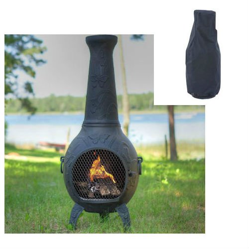 Blue Rooster Butterfly Style Wood Burning Outdoor Metal Chiminea Fireplace Charcoal Color with Large Black Cover