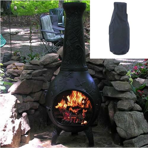 Blue Rooster Dragonfly Style Wood Burning Outdoor Metal Chiminea Fireplace Charcoal Color with Large Black Cover