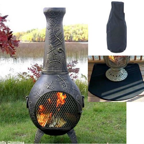 Blue Rooster Dragonfly Style Wood Burning Outdoor Metal Chiminea Fireplace Gold Accent Color with Large Cover and Half Round Fire Resistent Chiminea Pad