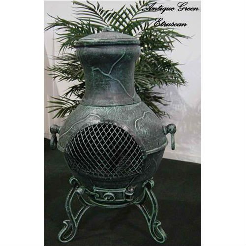 Blue Rooster Etruscan Style Wood Burning Outdoor Metal Chiminea Fireplace Antique Green Color