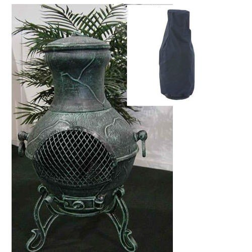 Blue Rooster Etruscan Style Wood Burning Outdoor Metal Chiminea Fireplace Antique Green Color with Small Black Cover