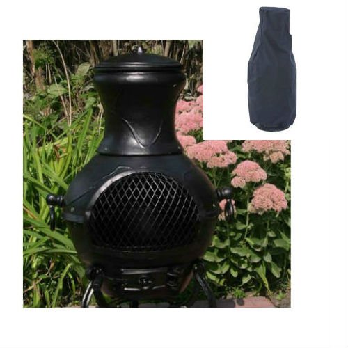 Blue Rooster Etruscan Style Wood Burning Outdoor Metal Chiminea Fireplace Charcoal Color with Small Black Cover