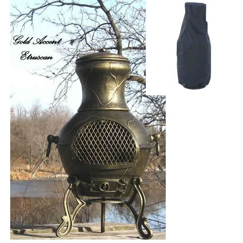 Blue Rooster Etruscan Style Wood Burning Outdoor Metal Chiminea Fireplace Gold Accent Color with Small Black Cover