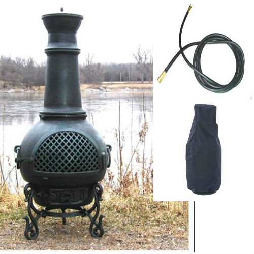 Blue Rooster Gatsby Model Antique Green Color Natural Gas Outdoor Metal Chiminea Fireplace With 20 ft Gas Line and Free Cover