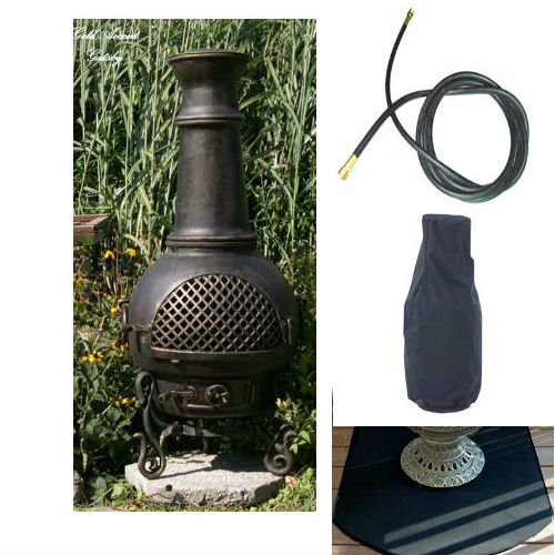 Blue Rooster Gatsby Model Gold Accent Color Propane Gas Outdoor Metal Chiminea Fireplace With 20 ft Gas Line Flexible Fire Resistent Half Round Chiminea Pad and Free Cover