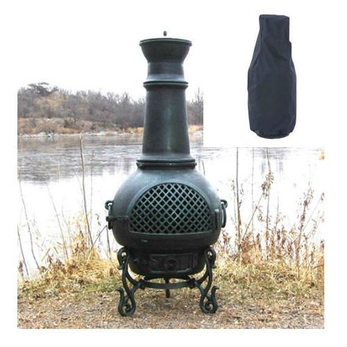 Blue Rooster Gatsby Style Wood Burning Outdoor Metal Chiminea Fireplace Antique Green Color with Large Black Cover