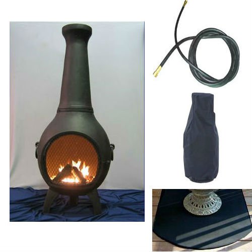 Blue Rooster Prairie Model Charcoal Color Natural Gas Outdoor Metal Chiminea Fireplace With 20 ft Gas Line Flexible Fire Resistent Half Round Chiminea Pad and Free Cover