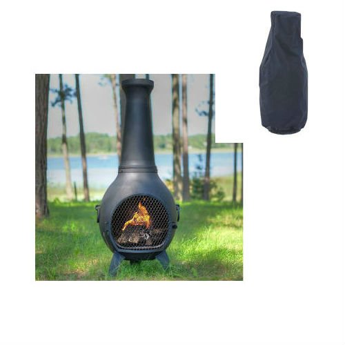 Blue Rooster Prairie Style Wood Burning Outdoor Metal Chiminea Fireplace Charcoal Color with Large Black Cover
