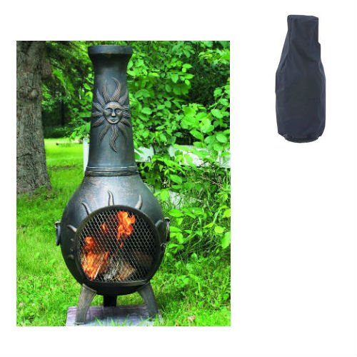 Blue Rooster Sun Ray Style Wood Burning Outdoor Metal Chiminea Fireplace Gold Accent Color with Small Black Cover