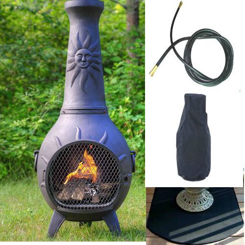 Blue Rooster Sun Stack Model Charcoal Color Propane Gas Outdoor Metal Chiminea Fireplace With 20 ft Gas Line Flexible Fire Resistent Half Round Chiminea Pad and Free Cover