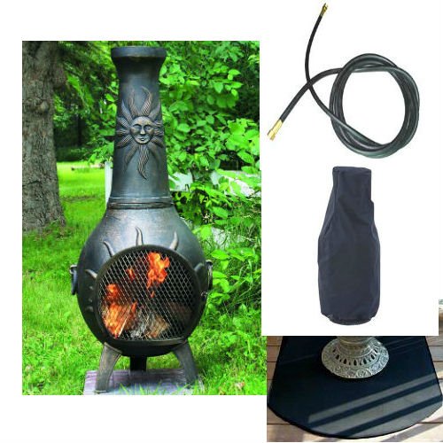 Blue Rooster Sun Stack Model Gold Accent Color Propane Gas Outdoor Metal Chiminea Fireplace With 10 ft Gas Line Flexible Fire Resistent Half Round Chiminea Pad and Free Cover