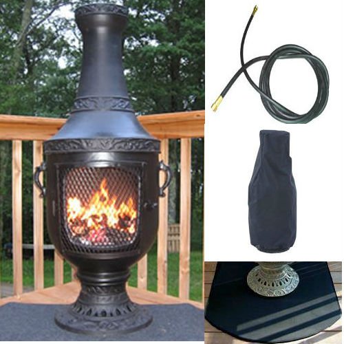 Blue Rooster Venetian Model Charcoal Color Natural Gas Outdoor Metal Chiminea Fireplace With 10 ft Gas Line Flexible Fire Resistent Half Round Chiminea Pad and Free Cover