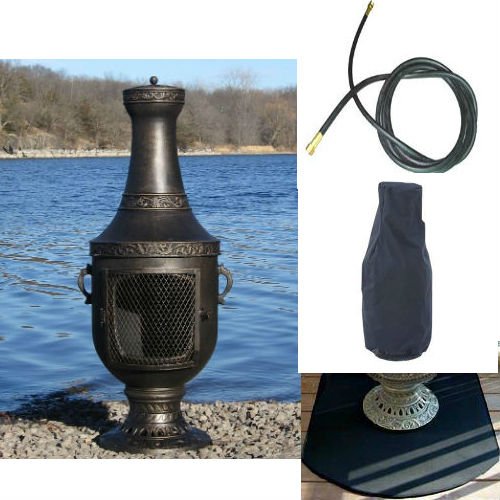 Blue Rooster Venetian Model Gold Accent Color Propane Gas Outdoor Metal Chiminea Fireplace With 10 ft Gas Line Flexible Fire Resistent Half Round Chiminea Pad and Free Cover