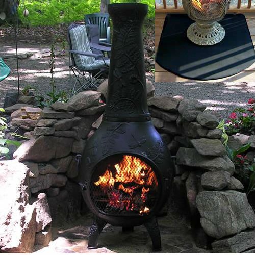 Blue Rooster Dragonfly Style Wood Burning Outdoor Metal Chiminea Fireplace Charcoal Color With Half Round Fire