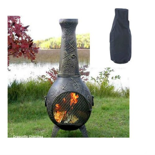Blue Rooster Dragonfly Style Wood Burning Outdoor Metal Chiminea Fireplace Gold Accent Color With Large Black