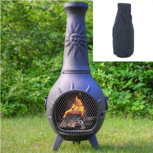 Blue Rooster Sun Stack Wood Burning Outdoor Metal Chiminea Fireplace Charcoal Color With Large Black Cover
