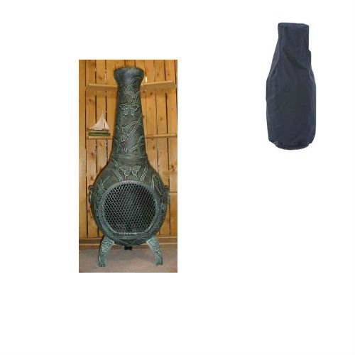 Blue Rooster Butterfly Style Wood Burning Outdoor Metal Chiminea Fireplace Antique Green Color With Large Black