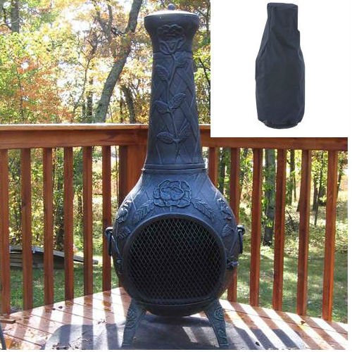 Blue Rooster Rose Style Wood Burning Outdoor Metal Chiminea Fireplace Antique Green Color With Large Black Cover