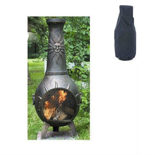 Blue Rooster Sun Stack Wood Burning Outdoor Metal Chiminea Fireplace Gold Accent Color With Large Black Cover