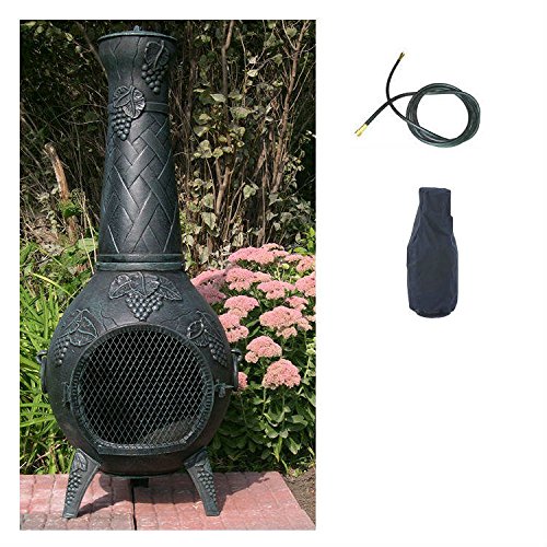 Blue Rooster Grape Model Antique Green Natural Gas Outdoor Metal Chiminea Fireplace With 10 Ft. Gas Line And Free