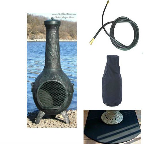 Blue Rooster Orchid Model Antique Green Color Natural Gas Outdoor Metal Chiminea Fireplace With 20 Ft. Gas Line