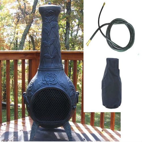Blue Rooster Rose Style Antique Green Natural Gas Outdoor Metal Chiminea Fireplace With 20 Ft Gas Line And Free