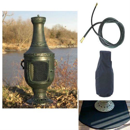 Blue Rooster Venetian Model Antique Green Color Propane Gas Outdoor Metal Chiminea Fireplace With 10 Ft Gas Line