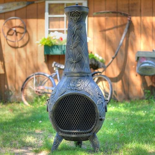 Propane Chiminea - Blue Rooster ALCH012GK-CH-LPG - Rose Style Gas Chiminea Outdoor Fireplace - Charcoal