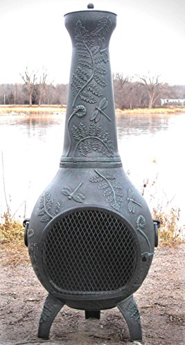 Outdoor Chimenea Fireplace - Dragonfly in Antique Green Finish Gas Fueled