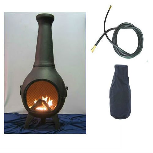 Blue Rooster Prairie Model Charcoal Color Propane Gas Outdoor Metal Chiminea Fireplace With 10 ft Gas Line and Free Cover
