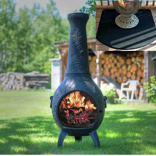 Blue Rooster Dragonfly Style Wood Burning Outdoor Metal Chiminea Fireplace Antique Green Color with Half Round Fire Resistent Chiminea Pad