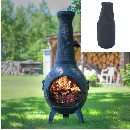 Blue Rooster Dragonfly Style Wood Burning Outdoor Metal Chiminea Fireplace Antique Green Color with Large Black Cover