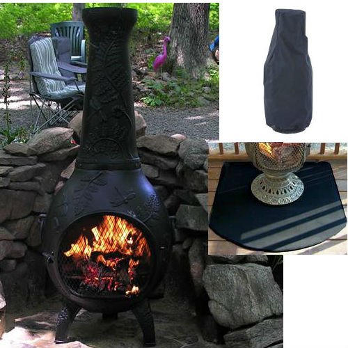 Blue Rooster Dragonfly Style Wood Burning Outdoor Metal Chiminea Fireplace Charcoal Color with Large Cover and Half Round Fire Resistent Chiminea Pad