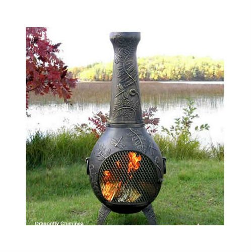 Blue Rooster Dragonfly Style Wood Burning Outdoor Metal Chiminea Fireplace Gold Accent Color