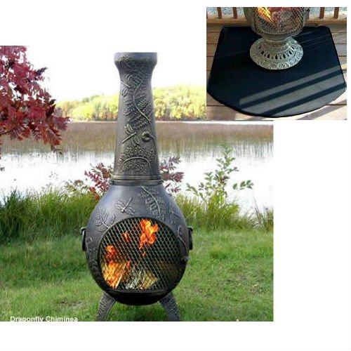 Blue Rooster Dragonfly Style Wood Burning Outdoor Metal Chiminea Fireplace Gold Accent Color with Half Round Fire Resistent Chiminea Pad