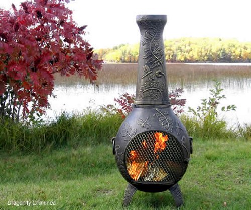 The Blue Rooster Dragonfly Chiminea with Gas in Gold Accent