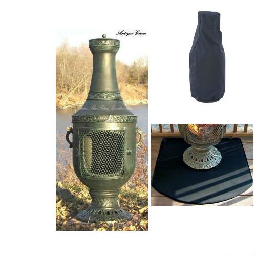Blue Rooster Venetian Style Wood Burning Outdoor Metal Chiminea Fireplace Antique Green Color with Cover and Half Round Fire Resistent Chiminea Pad