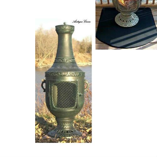 Blue Rooster Venetian Style Wood Burning Outdoor Metal Chiminea Fireplace Antique Green Color with Half Round Fire Resistent Chiminea Pad