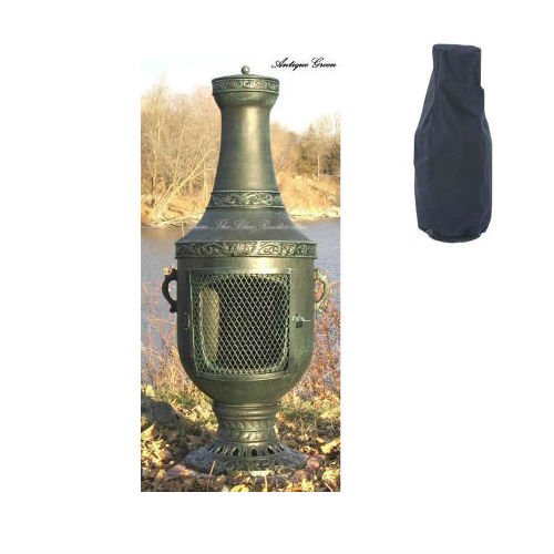 Blue Rooster Venetian Style Wood Burning Outdoor Metal Chiminea Fireplace Antique Green Color with Large Black Cover