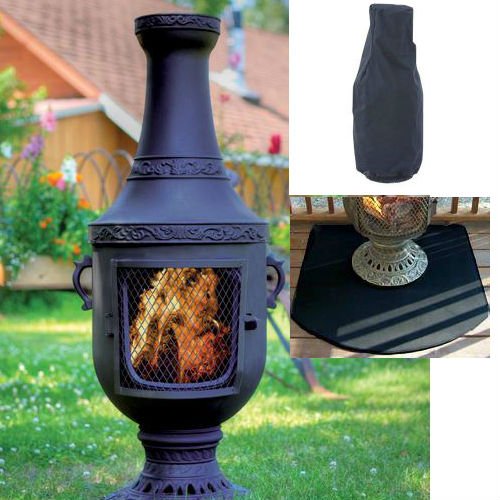 Blue Rooster Venetian Style Wood Burning Outdoor Metal Chiminea Fireplace Charcoal Color with Cover and Half Round Fire Resistent Chiminea Pad