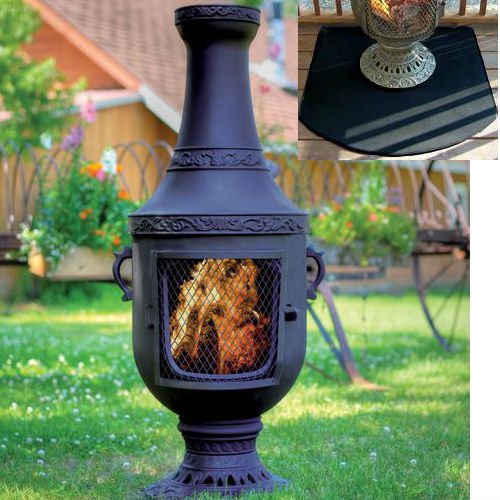 Blue Rooster Venetian Style Wood Burning Outdoor Metal Chiminea Fireplace Charcoal Color with Half Round Fire Resistent Chiminea Pad
