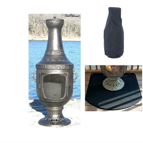 Blue Rooster Venetian Style Wood Burning Outdoor Metal Chiminea Fireplace Gold Accent Color with Cover and Half Round Fire Resistent Chiminea Pad