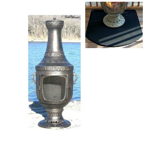 Blue Rooster Venetian Style Wood Burning Outdoor Metal Chiminea Fireplace Gold Accent Color with Half Round Fire Resistent Chiminea Pad