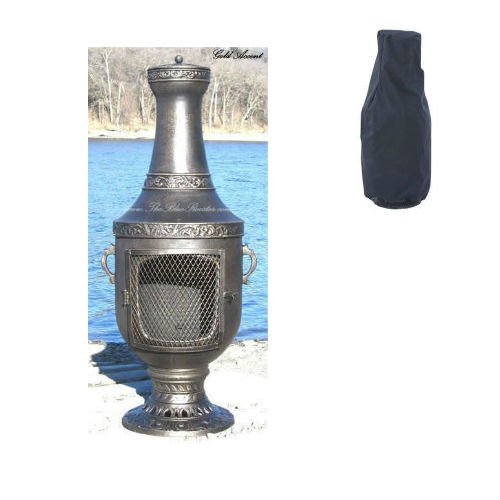 Blue Rooster Venetian Style Wood Burning Outdoor Metal Chiminea Fireplace Gold Accent Color with Large Black Cover