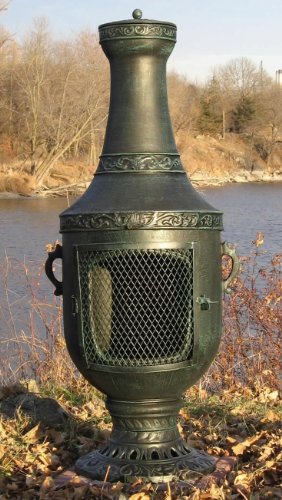 The Blue Rooster Cast Aluminum Venetian Chiminea with Gas in Antique Green