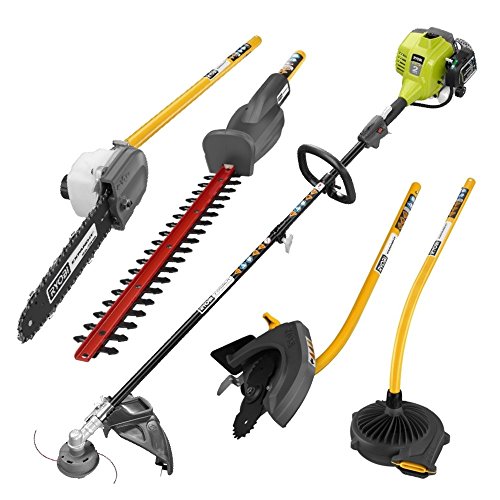 Ryobi RY253SS CMB19 25cc 17 in Full Crank 2-Cycle Straight Shaft Gas String Trimmer with Edger Hedge Trimmer Blower and Pole Saw Attachment ZRRY253SSCMB19B Certified Refurbished