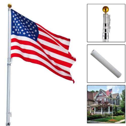 25ft Telescoping Flagpole US America Flag Kit Outdoor Gold Ball Aluminum New