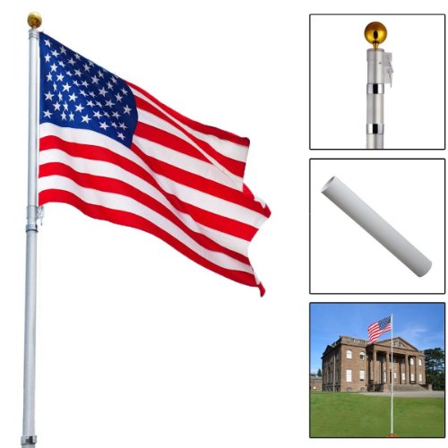 Telescoping Flagpole W/ 1 Us America Flag Kit Outdoor Gold Ball Aluminum 16ft